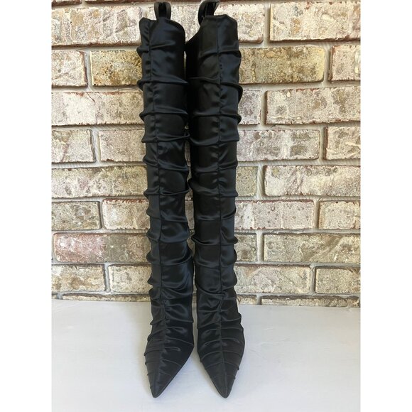 NEW Stuart WEITZMAN Strt Ruched 100 Satin Knee-High Boot in black Size 6 - Picture 4 of 12